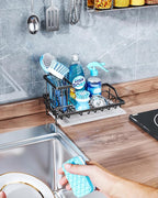 Consumest Sink Caddy, Kitchen Sponge Holder with Dish Brush Holder, Kitchen Sink Organizer with Drip Tray for Countertop Stainless Steel Rustproof, Black-Large