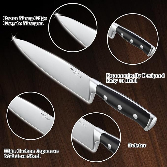 Marco Almond® Kitchen Knife Set with Block KYA31,14 Pieces Japanese Stainless Steel Cutlery Knives Block Set for Kitchen with Built-in Sharpener