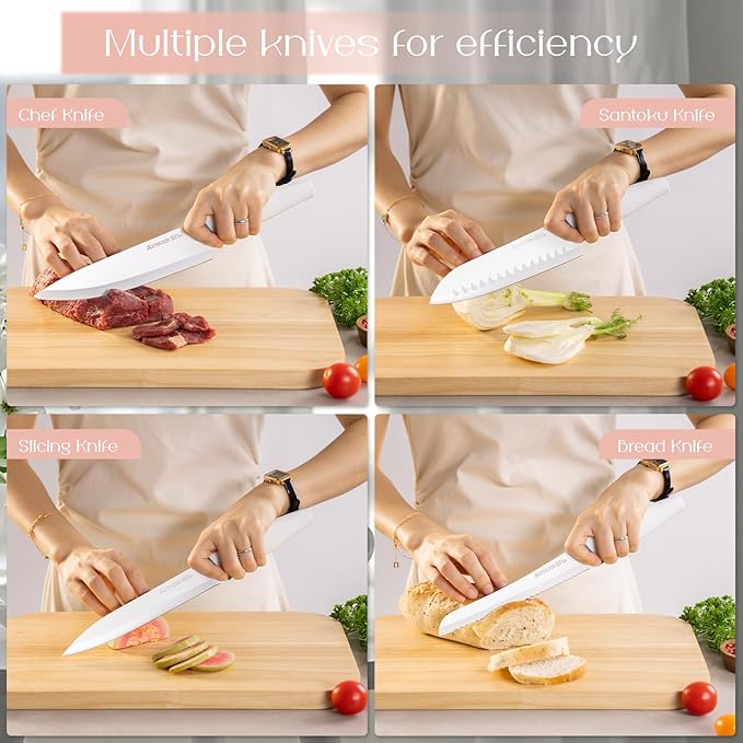 Astercook Knife Set with Block and Sharpener, 22 Piece Kitchen Knife Set Dishwasher Safe, Space-Saving Clear Knife Block with Knives for Everyday Home Cooking White