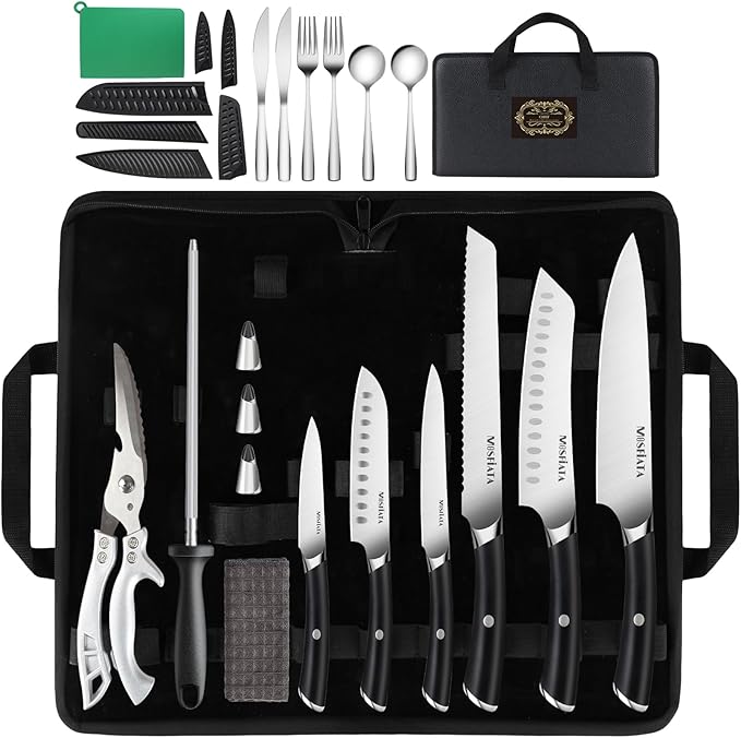 MOSFiATA Chef Knife Sets with Carry case Bag, 19 Pieces Professional Knife Set with Knife Sharpening Rod, High Carbon Stainless Steel Kitchen Chef Knives Set，Dishwasher Safe, For Outdoor