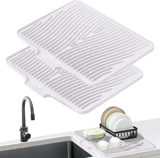 TIKNIK Silicone Dish Drying Mat, Stone Drying Mat for Kitchen Counter with Built-In Drain, Non-Slip Drain Pad with Built-in Drain, Heat Resistant Stone Drying Mat, Hangable, White-2pcs, 20" x 15"