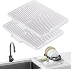 TIKNIK Silicone Dish Drying Mat, Stone Drying Mat for Kitchen Counter with Built-In Drain, Non-Slip Drain Pad with Built-in Drain, Heat Resistant Stone Drying Mat, Hangable, White-2pcs, 20" x 15"