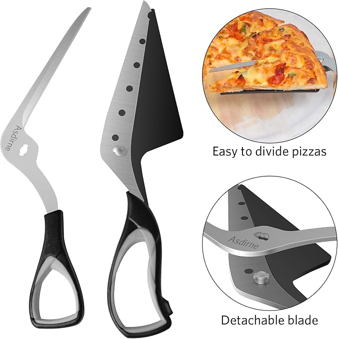 Asdirne Pizza Scissors, Pizza Cutter with Shovel, Food-Grade Sharp Stainless Steel Blade and Soft Grip Handle, Multifunctional Kitchen Scissors, 27cm, Black/Grey