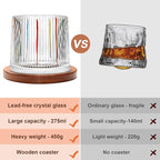 Rotatable Old Fashioned Glass, 275ml/10oz Crystal Whiskey Glass Set of 4, Wood Coaster, Thickening, Used as Rum Glass, Cocktail Cup, Coffee Cup, Milk Cup to Relax and Reduce Stress, Christmas gifts
