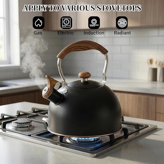 Tea Kettle for Stove Top, 2.5 Quart Whistling Tea Kettle, Food Grade Stainless Steel Tea Pot Stovetop with Wood Pattern Folding Handle for All Stovetops (Matte Black)