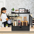 Coffee Bar Accessories and Organizer, 2-Tier Coffee Station Organizer, Wood Kitchen Countertop Organizer with Bag and Hooks, Coffee Pod Holder for Coffee Bar Decor, Syrup Snack Organizer