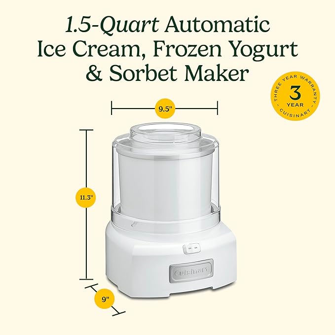 Cuisinart Ice Cream Maker, 1.5 Quart Double Insulated, Sorbet and Frozen Yogurt Maker, Ready in 20 Minutes, ICE-21P1, White