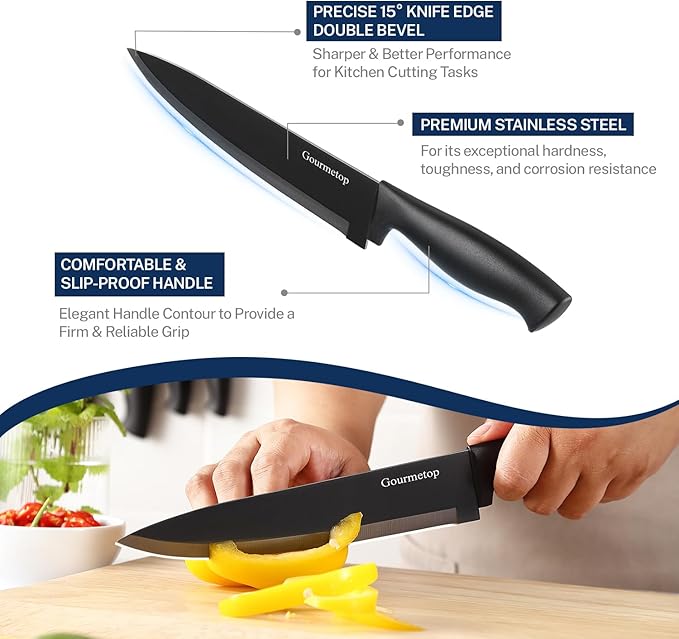 Gourmetop Kitchen Knife Set with No Drilling Magnetic Strip for Kitchen Black Titanium Small Cooking Knives, Sharp Stainless Steel Chef Knife Set for Cutting Meat & Vegetable