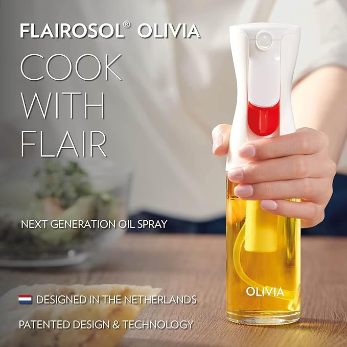 FLAIROSOL OLIVIA SIGNATURE Advanced Kitchen Oil Sprayer Technology, Fine Mist & Portion Control, Refillable Glass Olive Oil Cooking Spray Bottle for Air Fryer, Salad, BBQ, 130ml (White Print)