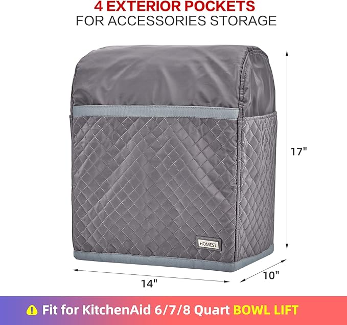 HOMEST Stand Mixer Quilted Dust Cover with Pockets Compatible with KitchenAid 6/7/8 Quart Bowl Lift, Grey (Patent Design)