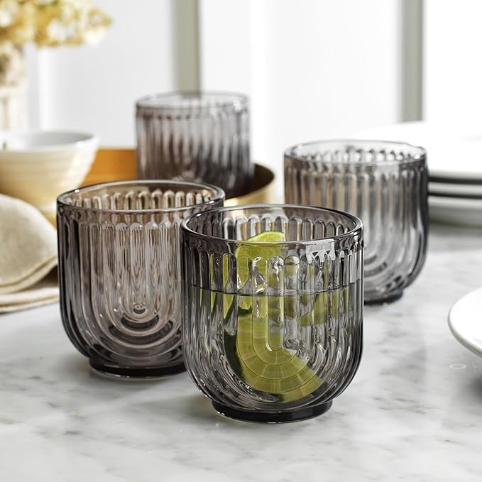 16 Piece Smoke Glassware Set, Art Deco Black Drinking Glasses, Ribbed U-Shape Design, 8 Highball 17oz and 8 Whiskey 11oz DOF