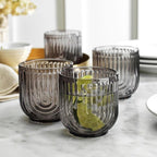 16 Piece Smoke Glassware Set, Art Deco Black Drinking Glasses, Ribbed U-Shape Design, 8 Highball 17oz and 8 Whiskey 11oz DOF