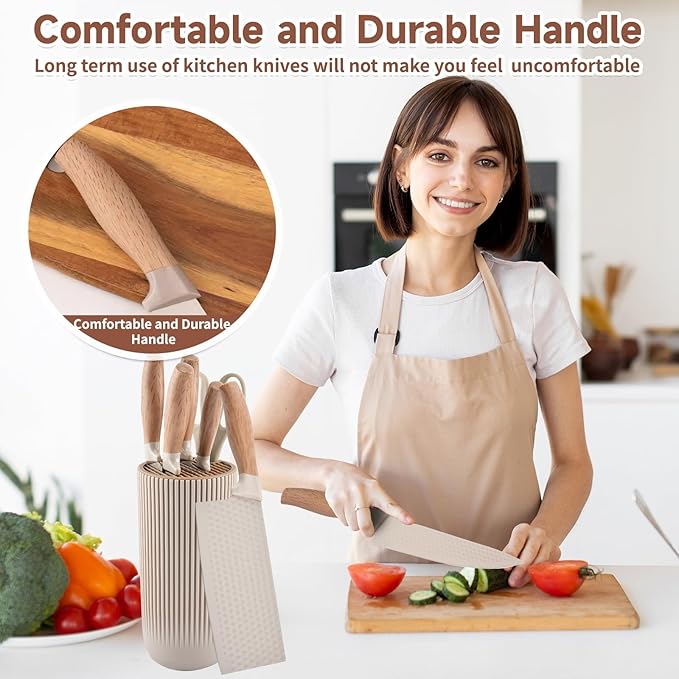 Kitchen Knife Set,6-Piece Khaki Kitchen Knife Set with Knife Block – Non-Stick Stainless Steel Sharp Blades, Anti-Rust & Ergonomic Design for Home, Restaurant,Outdoor