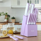 hecef 15 Pieces Kitchen Knife Set with Built-in Sharpening Wooden Block, Dishwasher Safe, High Carbon Stainless Steel Knife Block Set with Steak Knives, Kitchen Scissors, Purple