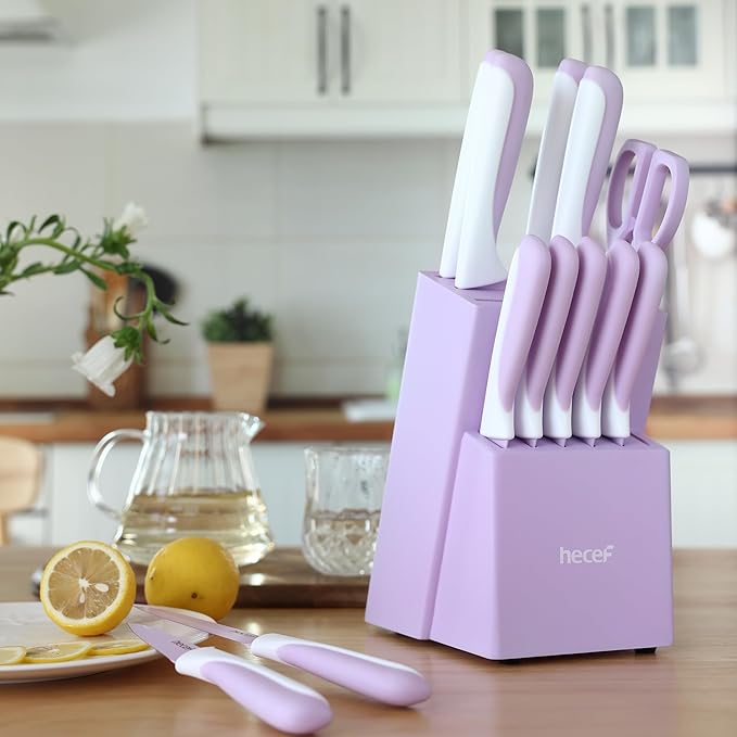 hecef 15 Pieces Kitchen Knife Set with Built-in Sharpening Wooden Block, Dishwasher Safe, High Carbon Stainless Steel Knife Block Set with Steak Knives, Kitchen Scissors, Purple