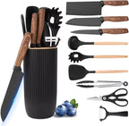 Knife Set, 10 Pieces Professional Kitchen Knife Set with Universal Knife Block, Non-stick Heat Resistan Kitchen Tools and Gadgets with Wooden Handle (Black)