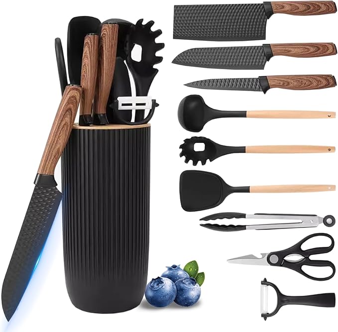 Knife Set, 10 Pieces Professional Kitchen Knife Set with Universal Knife Block, Non-stick Heat Resistan Kitchen Tools and Gadgets with Wooden Handle (Black)
