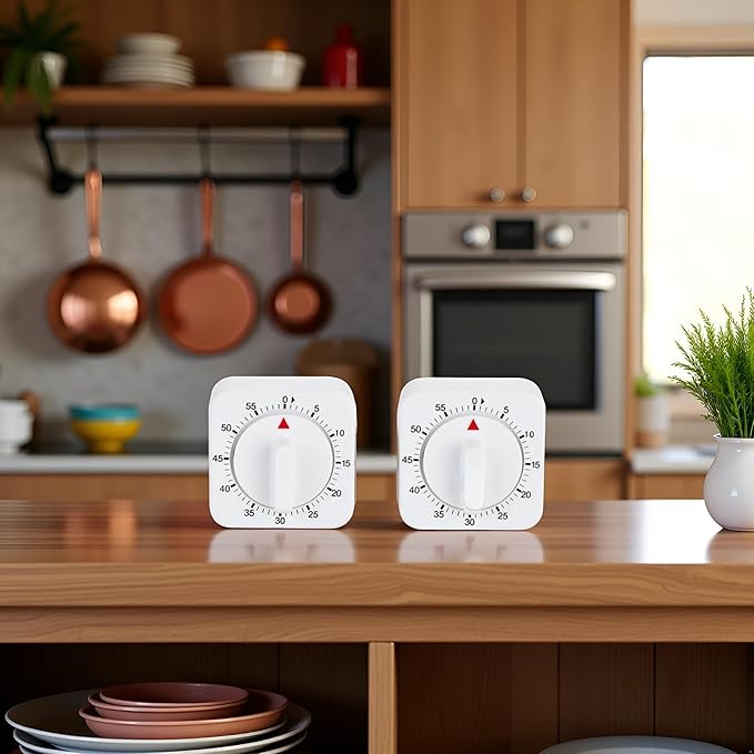 2Pcs White Timer Clock Square 60-Minute Mechanical Kitchen Timer Wind up Visual Cooking Clock with Loud Alarm No Batteries Required Ideal for Cooking Baking and Kitchen Thermometers and Timers