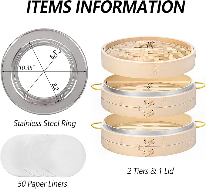 MacaRio Bamboo Steamer Basket Set 10 inch Steamer for Cooking, with Side Handles, Ring Adapter, Paper Liners, for Dim Sum Dumplings Buns Seafoods Vegetables Rice Asian Foods