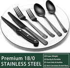 EWFEN 24-Piece Black Silverware Set with Steak Knives, Black Flatware Set for 4, Food-Grade Stainless Steel Tableware Cutlery Set, Mirror Finished Utensil Sets for Home Restaurant, Roman Column