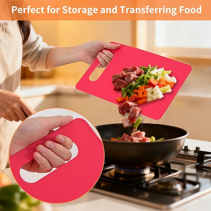 Luckyiren Cutting Board Set of 4, 11.4" x 7.5" x 0.1", Red Green Yellow White, Plastic Kitchen Cutting Boards with Juice Groove & Handle Hole, Lightweight & Dishwasher Safe