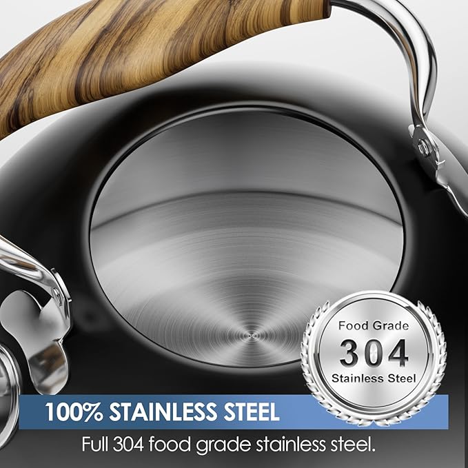 2.6 Quart Whistling Tea Kettle for Stovetop, Food Grade Stainless Steel with Cool Wood Pattern Handle, Induction Compatible, Black