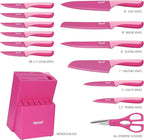 hecef 15 Pieces Kitchen Knife Set with Built-in Sharpening Wooden Block, Dishwasher Safe, High Carbon Stainless Steel Knife Block Set with Steak Knives, Kitchen Scissors, Hot Pink