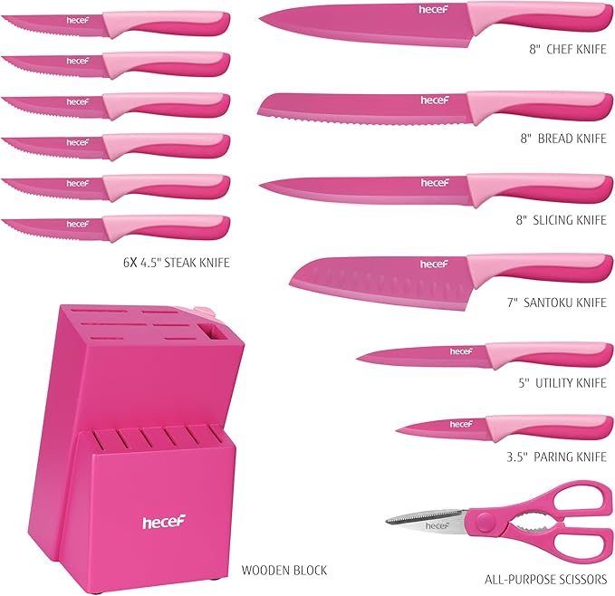 hecef 15 Pieces Kitchen Knife Set with Built-in Sharpening Wooden Block, Dishwasher Safe, High Carbon Stainless Steel Knife Block Set with Steak Knives, Kitchen Scissors, Hot Pink