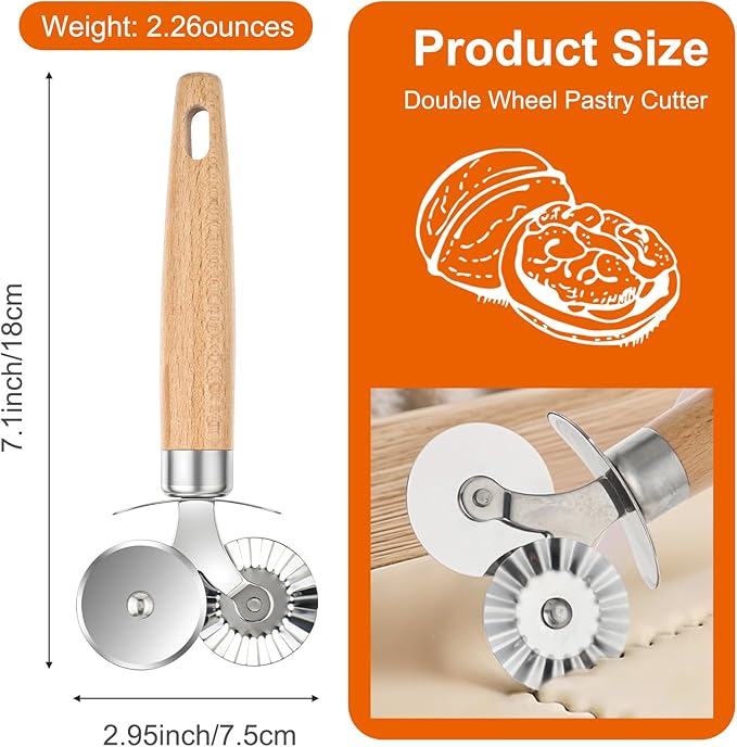 Pastry Cutter Double Wheel, Pastry and Pasta Cutter Wheel with Exquisite Wooden Handle Dual-Head Baking Tool for Home and Kitchen for Pasta Pizza Ravioli Cookie