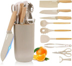 Knife Set, 10 Pieces Professional Kitchen Knife Set with Universal Knife Block, Non-stick Heat Resistan Kitchen Tools and Gadgets with Wooden Handle (Khaki)