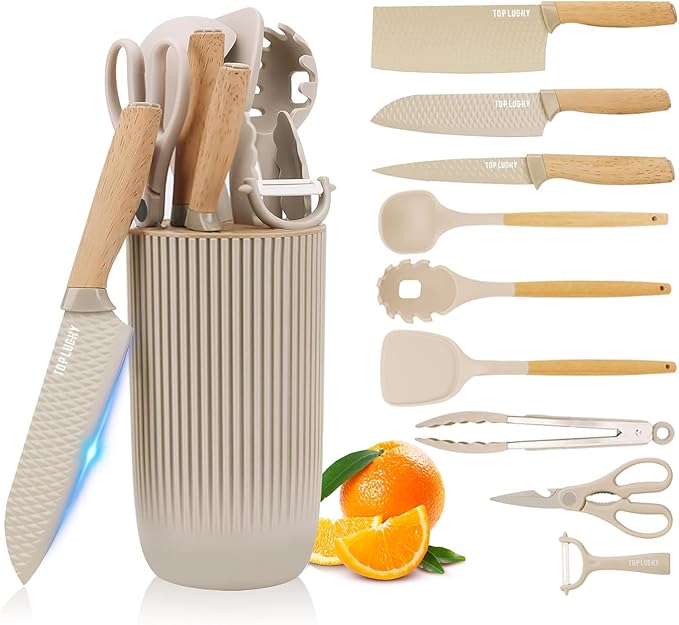 Knife Set, 10 Pieces Professional Kitchen Knife Set with Universal Knife Block, Non-stick Heat Resistan Kitchen Tools and Gadgets with Wooden Handle (Khaki)