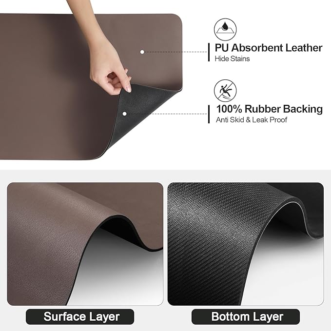 Ecotrim - Dish Drying Mat for Kitchen Counter | Coffee Bar Mat for Countertops | Heat Resistant Drainer Mat with Non-slip Rubber Backed | Hide Stain Kitchen Absorbent Draining Mat | Brown 18"x32"