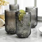 16 Piece Smoke Glassware Set, Art Deco Black Drinking Glasses, Ribbed U-Shape Design, 8 Highball 17oz and 8 Whiskey 11oz DOF