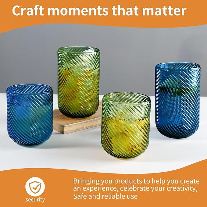 Set of 8 Ribbed Glassware,4 Highball Glasses 14oz & 4 Rocks Drinking Glasses 9oz, Origami Style, Fluted Design, for Milk, Water, Cocktail, Juice, Beer, ToothBrush Cup, Gif (Leaning Green)