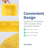 BLUE GINKGO Over the Sink Colander Strainer Basket - Wash Vegetables and Fruits, Drain Cooked Pasta and Dry Dishes - Extendable - New Home Kitchen Essentials (Yellow, 1 Pack)
