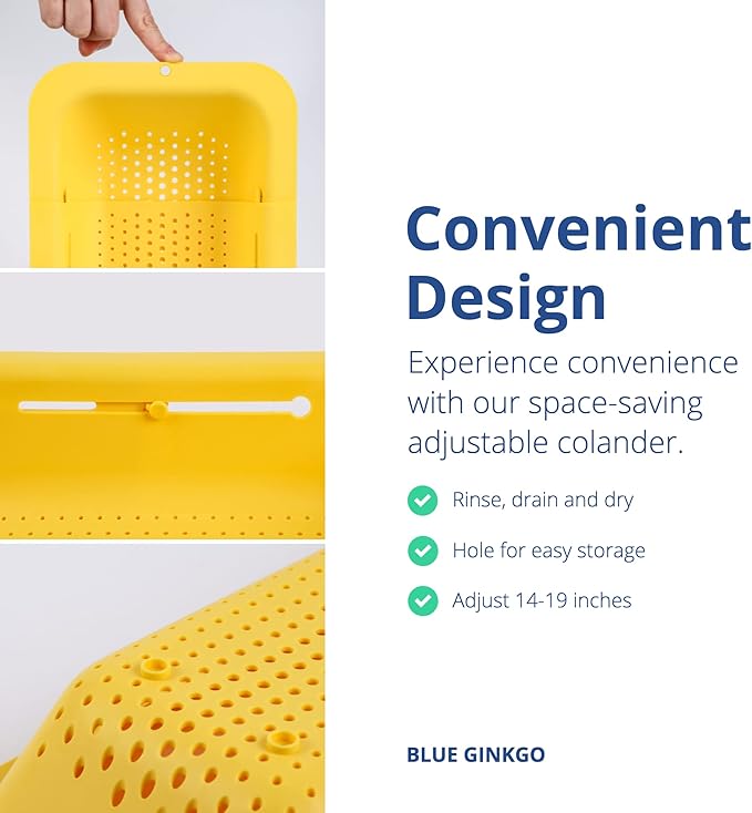 BLUE GINKGO Over the Sink Colander Strainer Basket - Wash Vegetables and Fruits, Drain Cooked Pasta and Dry Dishes - Extendable - New Home Kitchen Essentials (Yellow, 1 Pack)