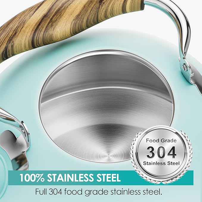 2.6 Quart Tea Kettle Stovetop Whistling for Stove Top, Food Grade Stainless Steel Tea Kettles with Cool Wood Pattern Handle, Blue