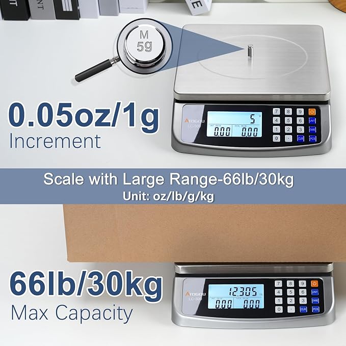 Atogou 66lb Food Scale, Commercial Kitchen Scale with Price Computing, Plug-in Usable, 0.05oz/1g, 304 Stainless Steel, for Cooking, Vegetables, Farm, Industry, Counting. LC300 Grey