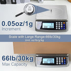 Atogou 66lb Food Scale, Commercial Kitchen Scale with Price Computing, Plug-in Usable, 0.05oz/1g, 304 Stainless Steel, for Cooking, Vegetables, Farm, Industry, Counting. LC300 Grey