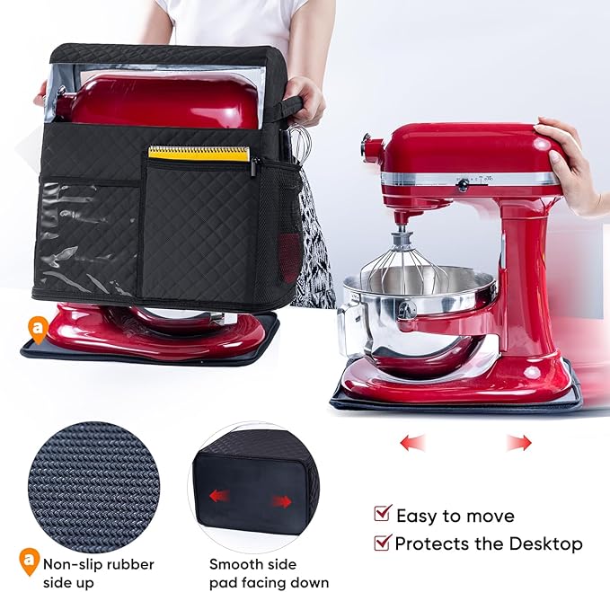 BAGSPRITE Stand Mixer Cover with Detachable Appliance Sliders Base Compatible with KitchenAid Mixer-Storage Bag for 4.5/5 Quart with Pockets for Kitchen Aid Accessories and Attachments
