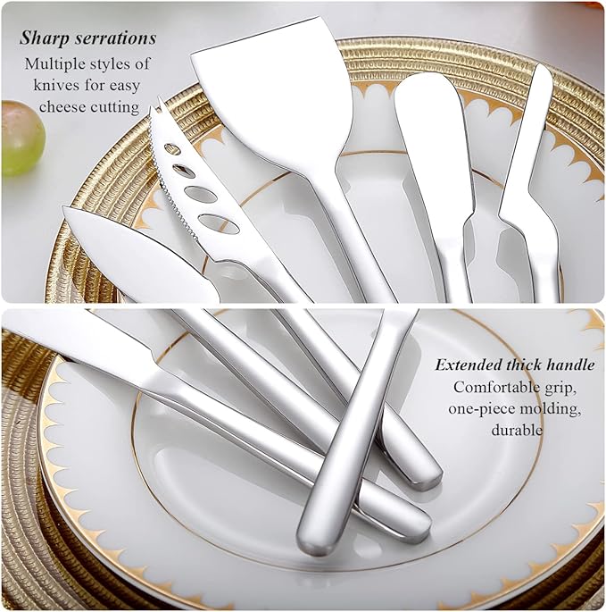 Berglander Cheese Knife Set of 5 for All Types of Cheese, Stainless Steel Cheese Cutter Slicer Ergonomic Design for Confortable Grip and Cut, Butter Spreader Knife