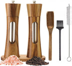 2 Pack Wooden Salt and Pepper Grinder Set — 8 Inch Refillable Salt and Pepper Shakers — Manual Spice Mills with Clear View Window — Ceramic Grinder, Adjustable Coarseness