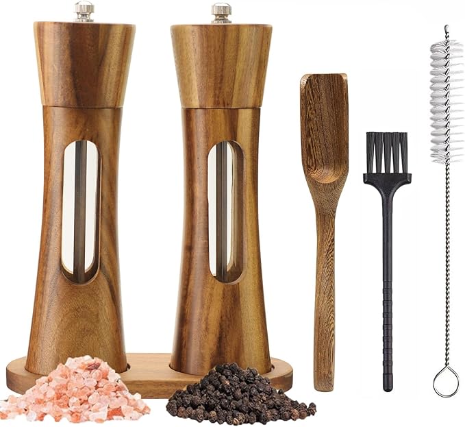 2 Pack Wooden Salt and Pepper Grinder Set — 8 Inch Refillable Salt and Pepper Shakers — Manual Spice Mills with Clear View Window — Ceramic Grinder, Adjustable Coarseness