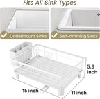 SNTD Dish Drying Rack - Small Dish Rack for Kitchen Counter, Stainless Steel Dish Drainer with Utensil Holder and Drainboard, 11" W x 15" L (White)