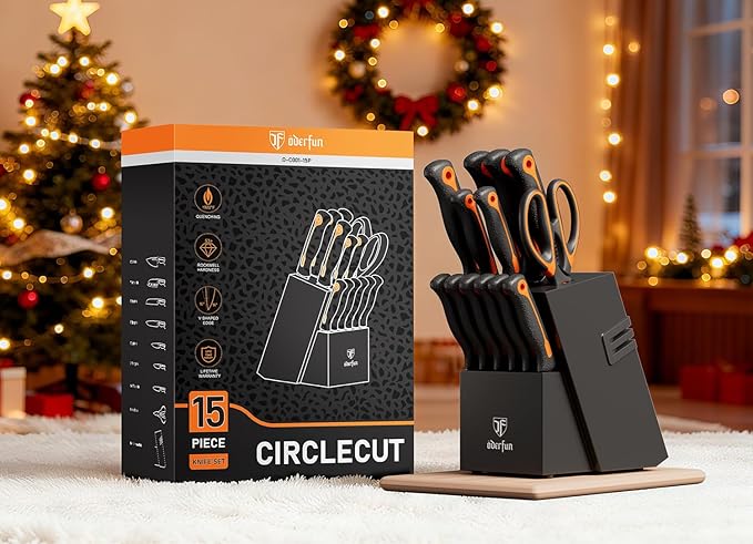 Knife Block Set -15 PCS Dishwasher Safe Kitchen Knife Set, High Carbon Stainless Steel, Razor-Sharp knives set with sharpener, Non-Slip Handles, Elegant Box for Her Him Women Men, Black,