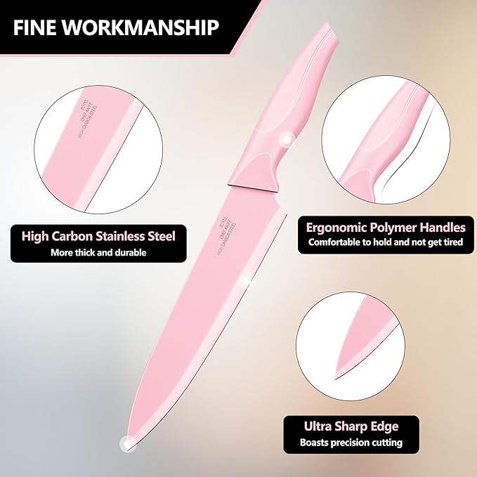 E-far Knife Set with Block, 15 Pieces Kitchen Knife Block Set with Sharpener, High Carbon Stainless Steel Sharp Chef Knife Set with Ergonomic Handles, Anti Rust, Pink