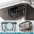 TAILI Sponge Holder for Kitchen Sink with Strong Suction Cup, Rustproof Aluminum Sink Caddy for Sponges, Brushes, Stoppers & Scrapers, Black
