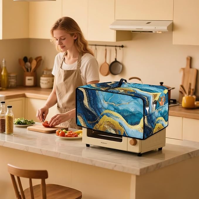 Marble Print Toaster Oven Dust Cover for Kitchen Counter, Heavy Duty Heat-resistant Microwave Oven Protective Cover Air Fryer Covers, Blue & Gold (Small-14.5 * 18.46 * 9 inches)