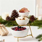 Gomakren 3 Tiered Oval Serving Bowl with Collapsible Metal Rack, Chip and Dip Serving Set, Dessert Appetizer Bowl Set (45oz / 17.5oz / 7oz), White Serving Bowls For Entertaining (Gold Stand)