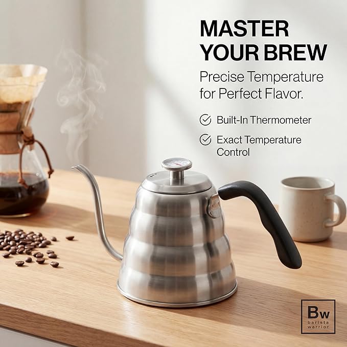 Barista Warrior Gooseneck Kettle with Thermometer - 1.2L Pour Over Coffee & Tea Kettle, 18/8 Stainless Steel Gooseneck Kettle Pot, Precision Pour Drip Spout, Suitable for All-Stoves (40 fl oz)